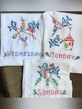 NEW Vintage Days of Week Embroidered Birds Dish Towels Mon. Weds & Sun